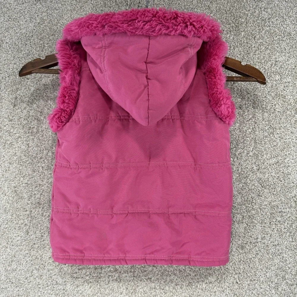 Y2K 2007 Barbie Puffer Vest Embroidered Logo Pink Faux Fur Lined Hood Sz 6 Girls